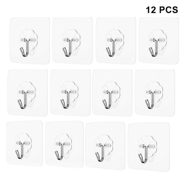 Set 12 carlige adezive transparente, rezistente, multifunctionale, plastic, metal [2]