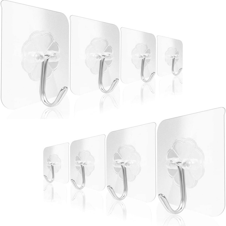 Set 12 carlige adezive transparente, rezistente, multifunctionale, plastic, metal