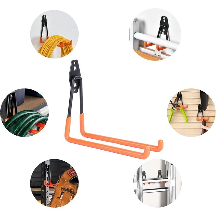 Set 12 carlige metalice perete pentru organizare garaj, suport scule, bicicleta, furtun, montaj inclus, negru portocaliu [5]