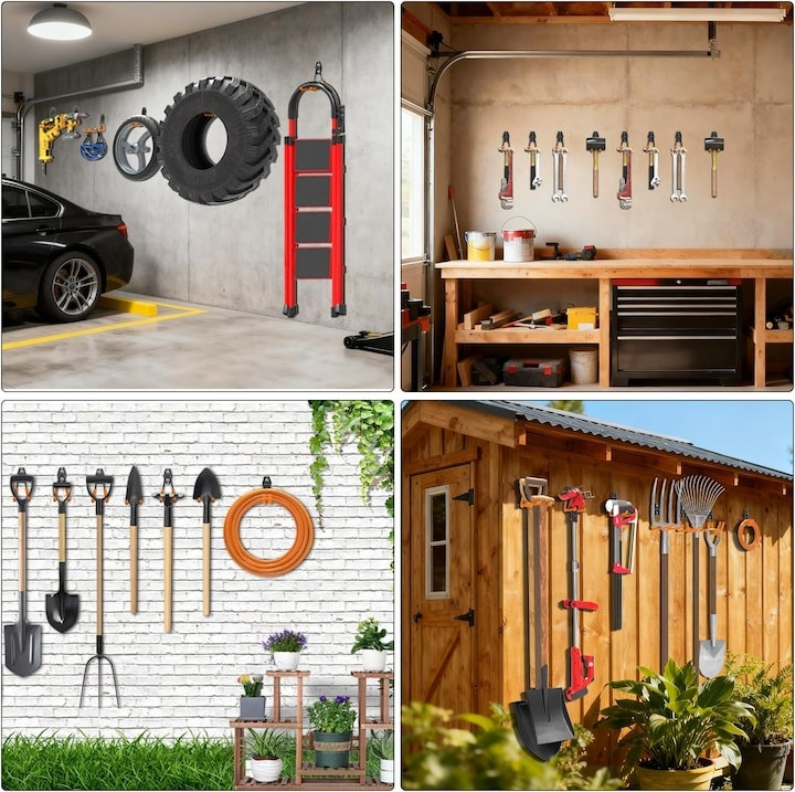 Set 12 carlige metalice perete pentru organizare garaj, suport scule, bicicleta, furtun, montaj inclus, negru portocaliu [2]