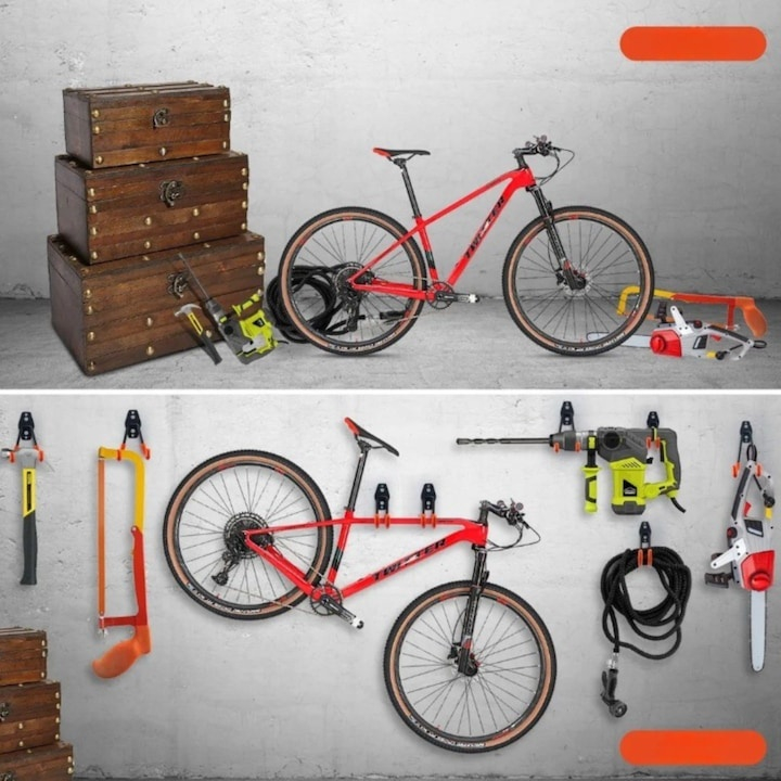 Set 12 carlige metalice perete pentru organizare garaj, suport scule, bicicleta, furtun, montaj inclus, negru portocaliu [4]