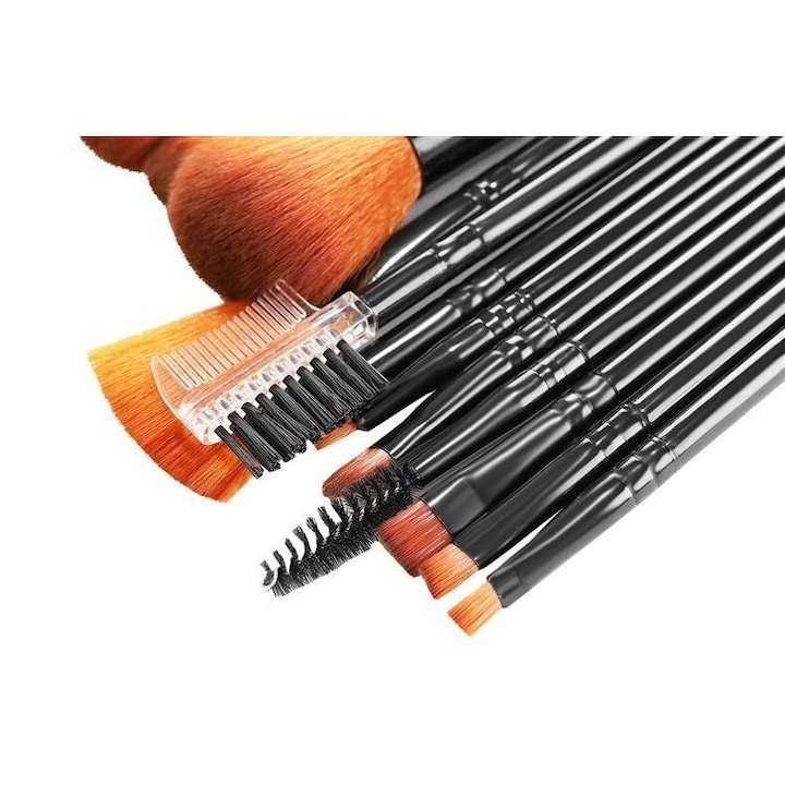 Set 12 pensule de machiaj, cu suport, peri sintetici, colectie completa pentru ten, ochi si buze, negru [6]