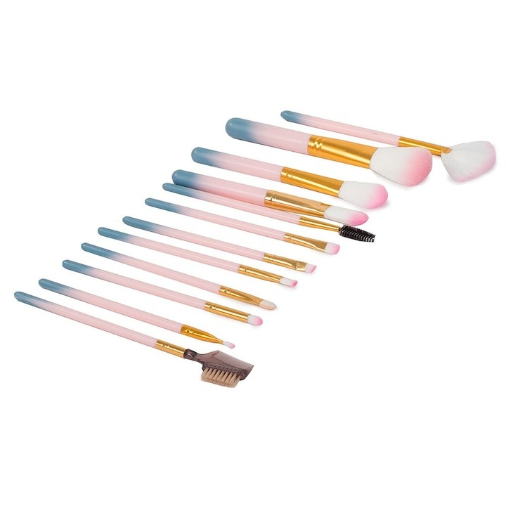 Set 12 pensule de machiaj, cu suport, peri sintetici fini, editie Rainbow Love, pentru machiajul tenului, ochilor si buzelor [6]