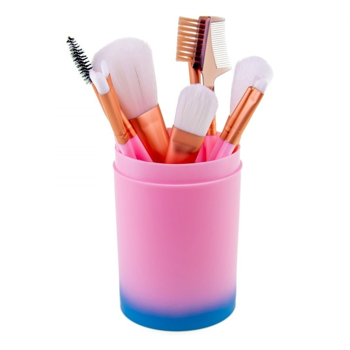 Set 12 pensule de machiaj, cu suport, peri sintetici fini, editie Rainbow Love, pentru machiajul tenului, ochilor si buzelor [4]