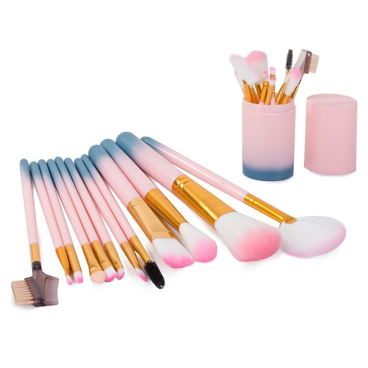 Set 12 pensule de machiaj, cu suport, peri sintetici fini, editie Rainbow Love, pentru machiajul tenului, ochilor si buzelor [5]