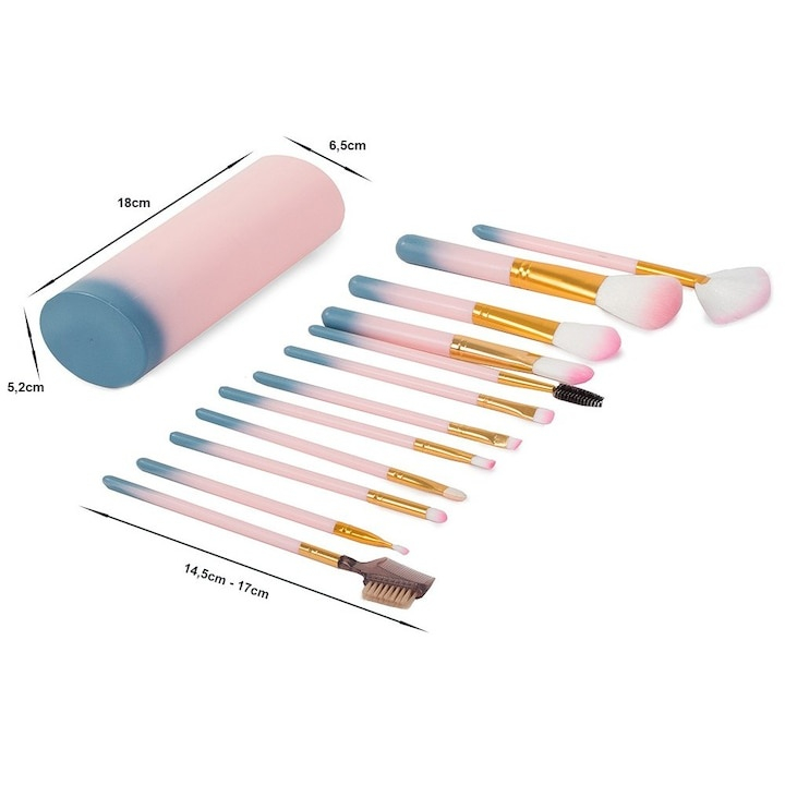 Set 12 pensule de machiaj, cu suport, peri sintetici fini, editie Rainbow Love, pentru machiajul tenului, ochilor si buzelor [10]