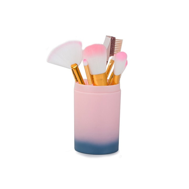 Set 12 pensule de machiaj, cu suport, peri sintetici fini, editie Rainbow Love, pentru machiajul tenului, ochilor si buzelor [9]