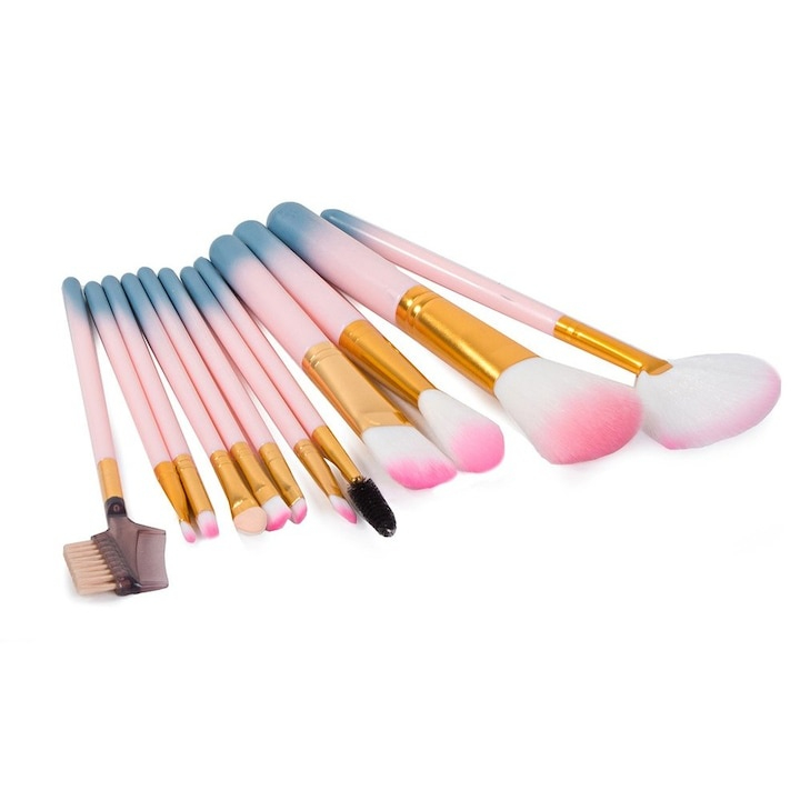 Set 12 pensule de machiaj, cu suport, peri sintetici fini, editie Rainbow Love, pentru machiajul tenului, ochilor si buzelor [8]