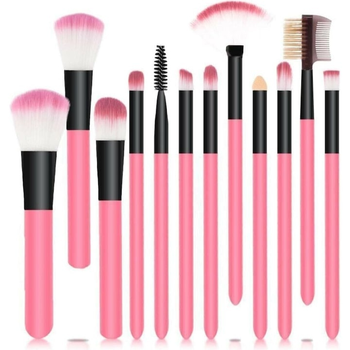Set 12 pensule pentru machiaj, cu cutie de depozitare, peri sintetici din nailon si manere din plastic, 18x5x6.5 cm, roz piersica – kit complet pentru un machiaj impecabil [2]