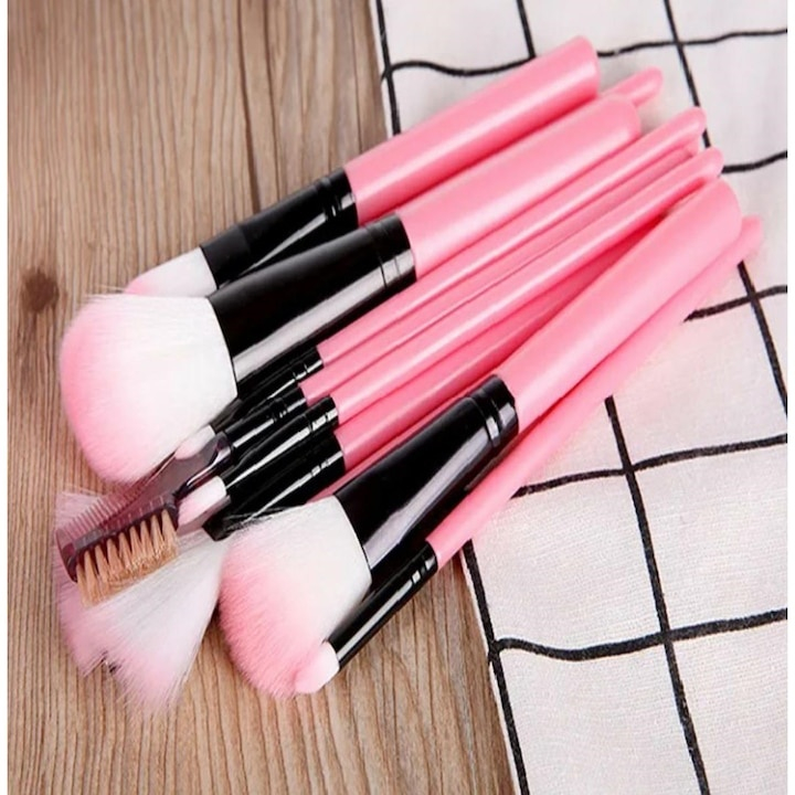 Set 12 pensule pentru machiaj, cu cutie de depozitare, peri sintetici din nailon si manere din plastic, 18x5x6.5 cm, roz piersica – kit complet pentru un machiaj impecabil [4]