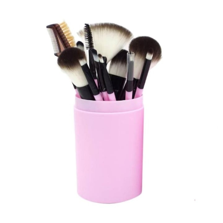 Set 12 pensule pentru machiaj, peri sintetici, manere usoare, cutie eleganta pentru depozitare, ideal pentru machiaj complet al fetei, roz deschis [3]