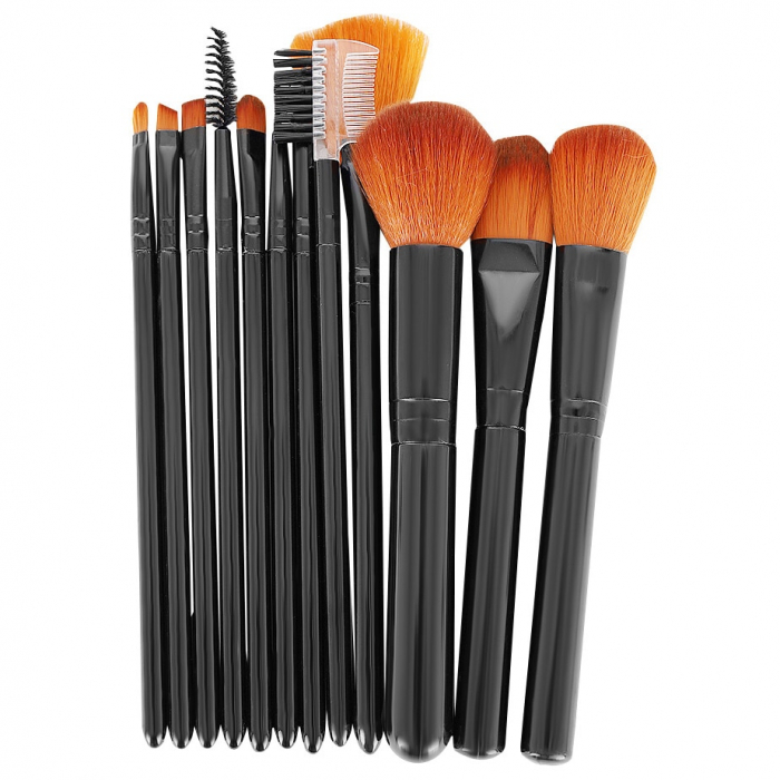 Set 12 pensule de machiaj,make up,manere din lemn,suport din plastic - Negru [5]