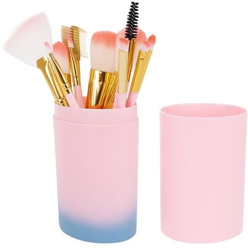 Set 12 pensule de machiaj,make up,manere din lemn,suport din plastic - Roz [2]