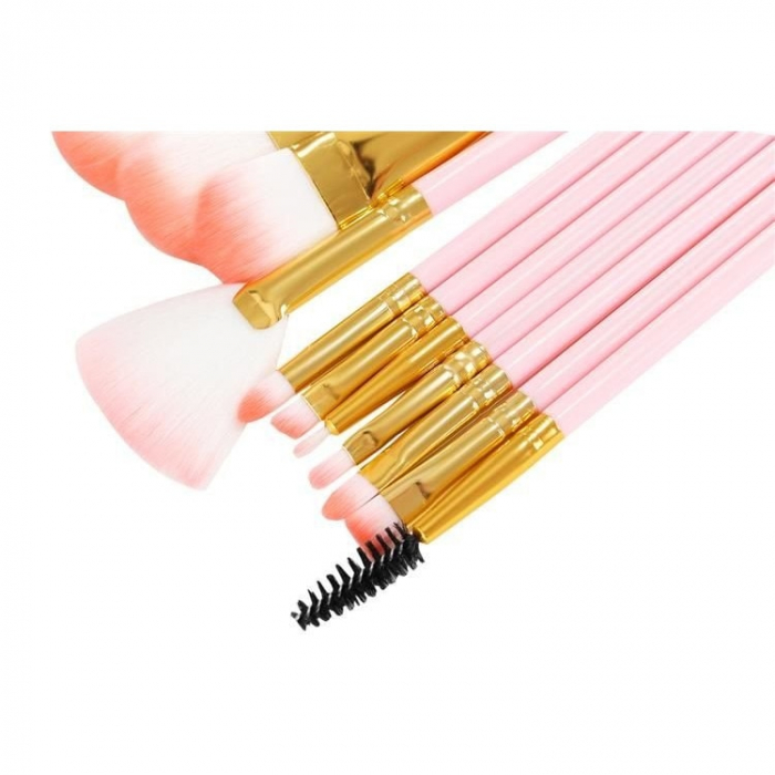 Set 12 pensule de machiaj,make up,manere din lemn,suport din plastic - Roz [7]