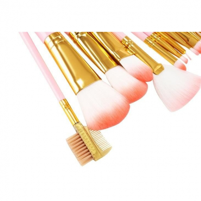 Set 12 pensule de machiaj,make up,manere din lemn,suport din plastic - Roz [6]