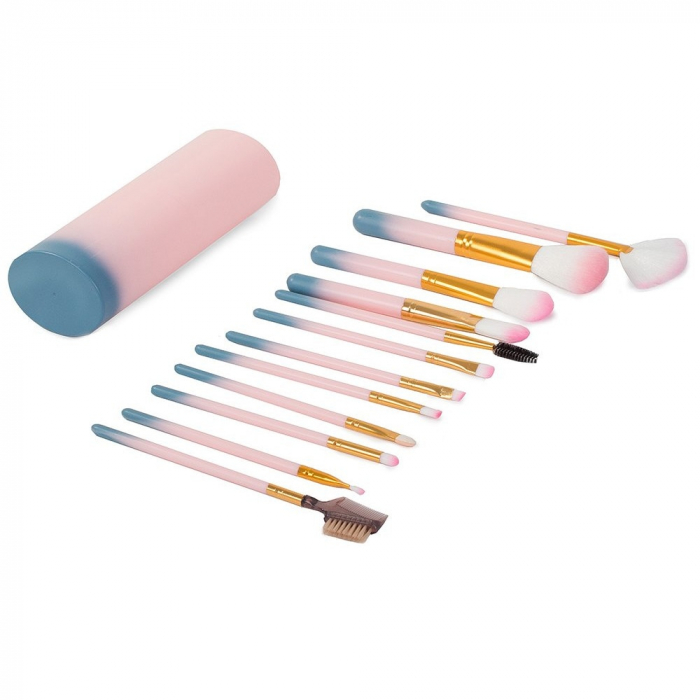 Set 12 pensule de machiaj,make up,manere din lemn,suport din plastic - Roz [8]