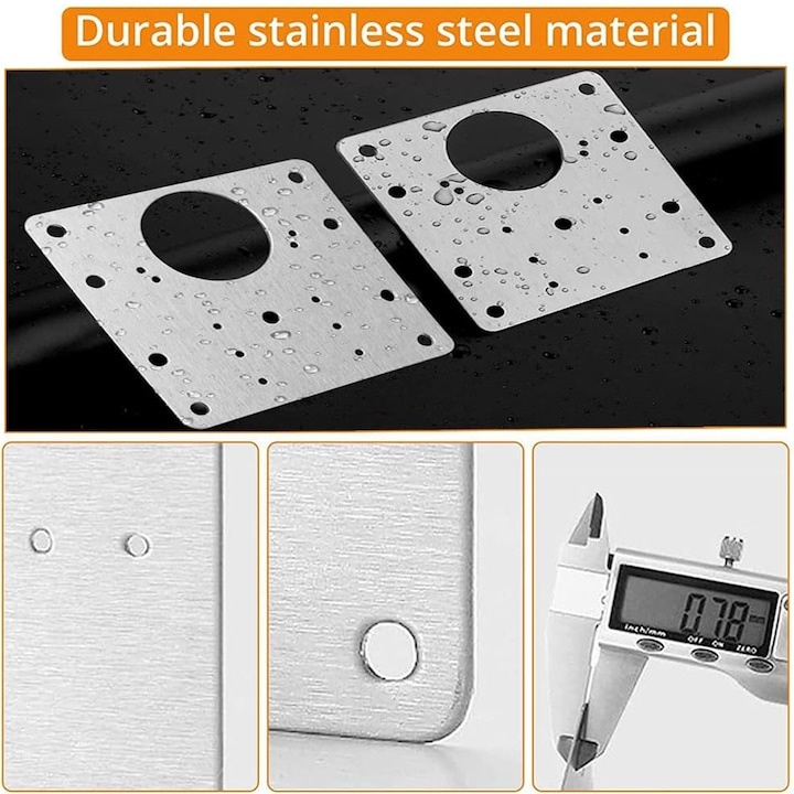 Set 12 placi pentru repararea balamalelor mobilier, inox rezistent, 72 suruburi incluse, 9 x 9 cm, argintiu [4]