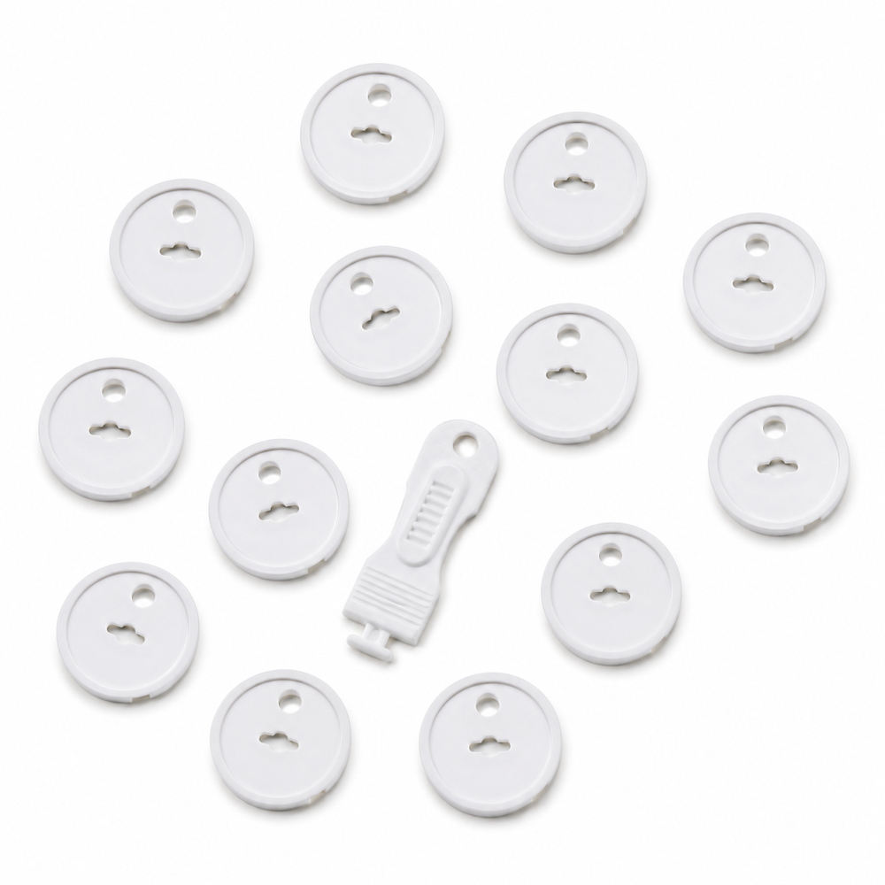 Set 12 Protectii pentru Prize cu Cheie de Deblocare, Sistem de Siguranta pentru Copii, Capace Protectie din ABS, Alb, 3.7 x 2.3 cm [2]