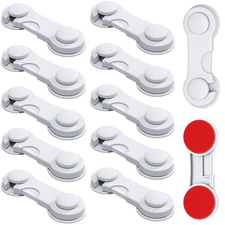 Set 12 sigurante pentru copii, universale, pentru usi, sertare, dulapuri, plastic, 9 cm, alb