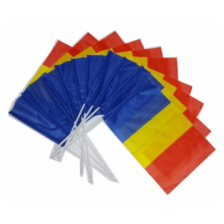 Set 12 steaguri de mana Romania 20 x 30 cm, tricolor, poliester, cu suport, pentru evenimente si serbari [3]