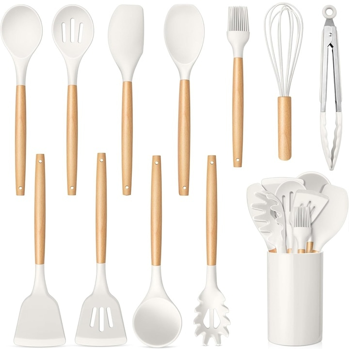 Set 12 ustensile pentru bucatarie, silicon/lemn, antiaderente, suport inclus, alb  [5]