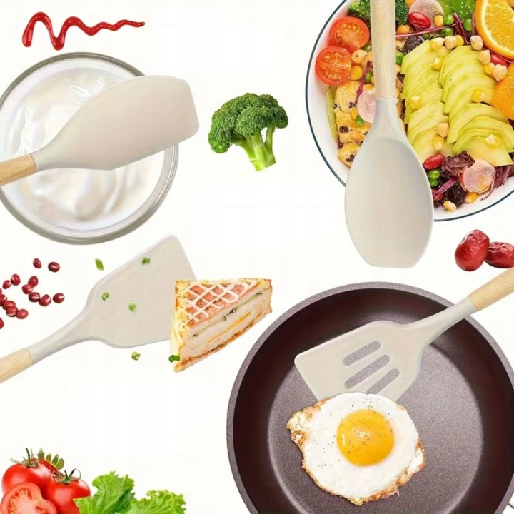 Set 12 ustensile pentru bucatarie, silicon/lemn, antiaderente, suport inclus, alb  [10]