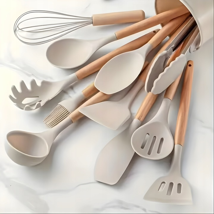 Set 12 ustensile pentru bucatarie, silicon/lemn, antiaderente, suport inclus, alb  [15]