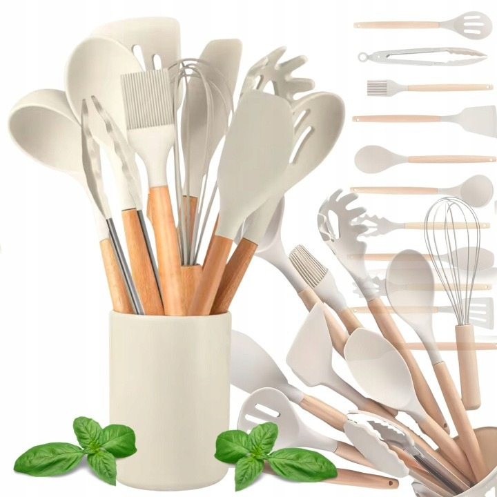 Set 12 ustensile pentru bucatarie, silicon/lemn, antiaderente, suport inclus, alb  [16]