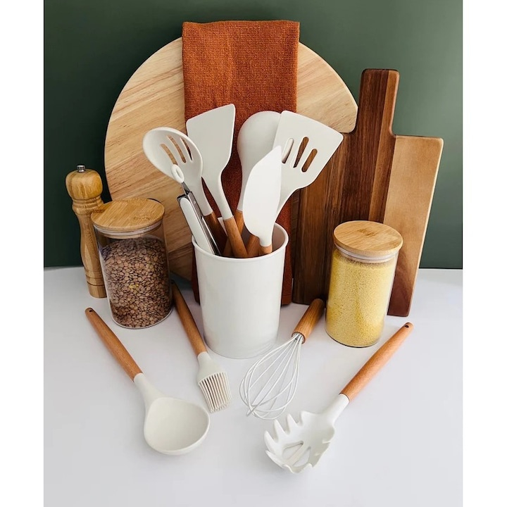 Set 12 ustensile pentru bucatarie, silicon/lemn, antiaderente, suport inclus, alb  [6]