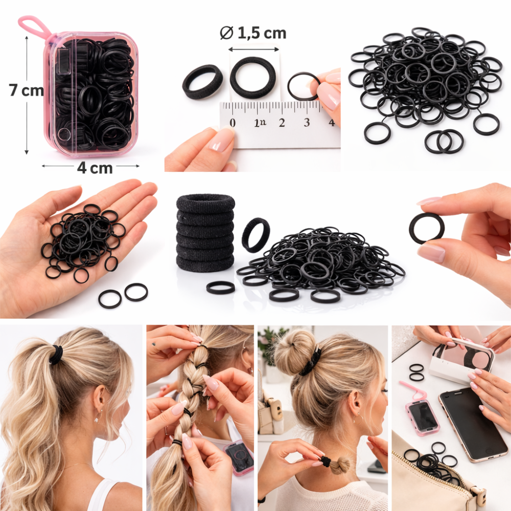 Set 120 elastice par negre, 20 textile + 100 cauciuc, cutie cu agatatoare, organizare practica [4]