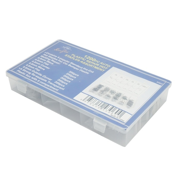 Set 1200 capse, clemec pentru pistol de lipit in cutie PVC, reparat si sudat plastic, 6 modele, 0.6, 0.8 mm [4]