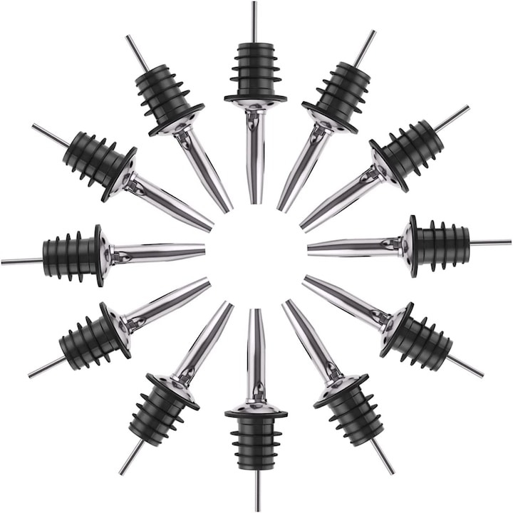 Set 12x Dop cu picurator pentru bauturi, otel inoxidabil, 10.8 x 2.9 cm, negru