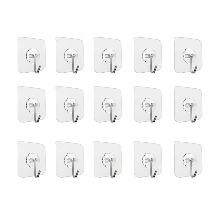 Set 15 carlige adezive transparente, rezistente, multifunctionale, plastic, metal