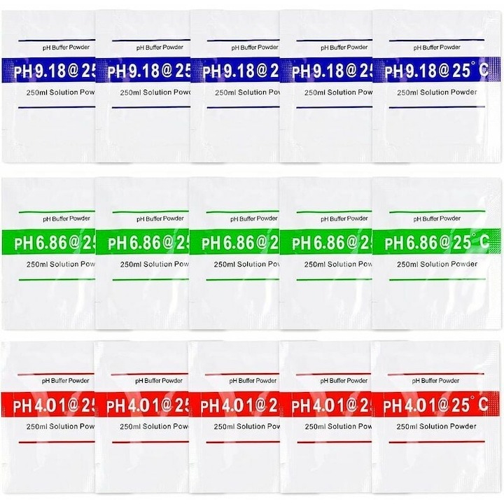 Set 15 plicuri solutii de calibrare apa, pentru PH, 4.00 pH, 6.86 pH si 9.18 pH