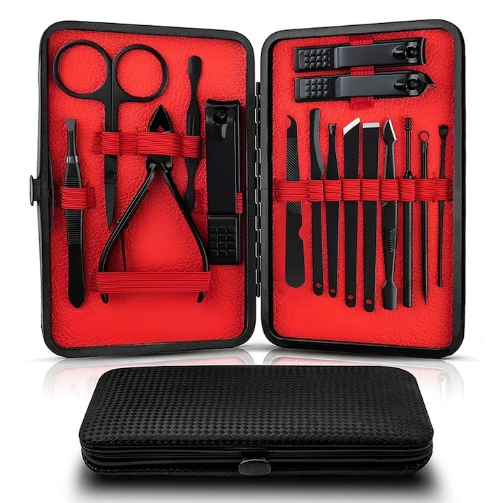 Set 16 piese pentru manichiura si pedichiura, trusa profesionala cu instrumente din otel inoxidabil, etui elegant negru cu interior rosu, compact si portabil, ideal pentru calatorii si ingrijirea comp [11]