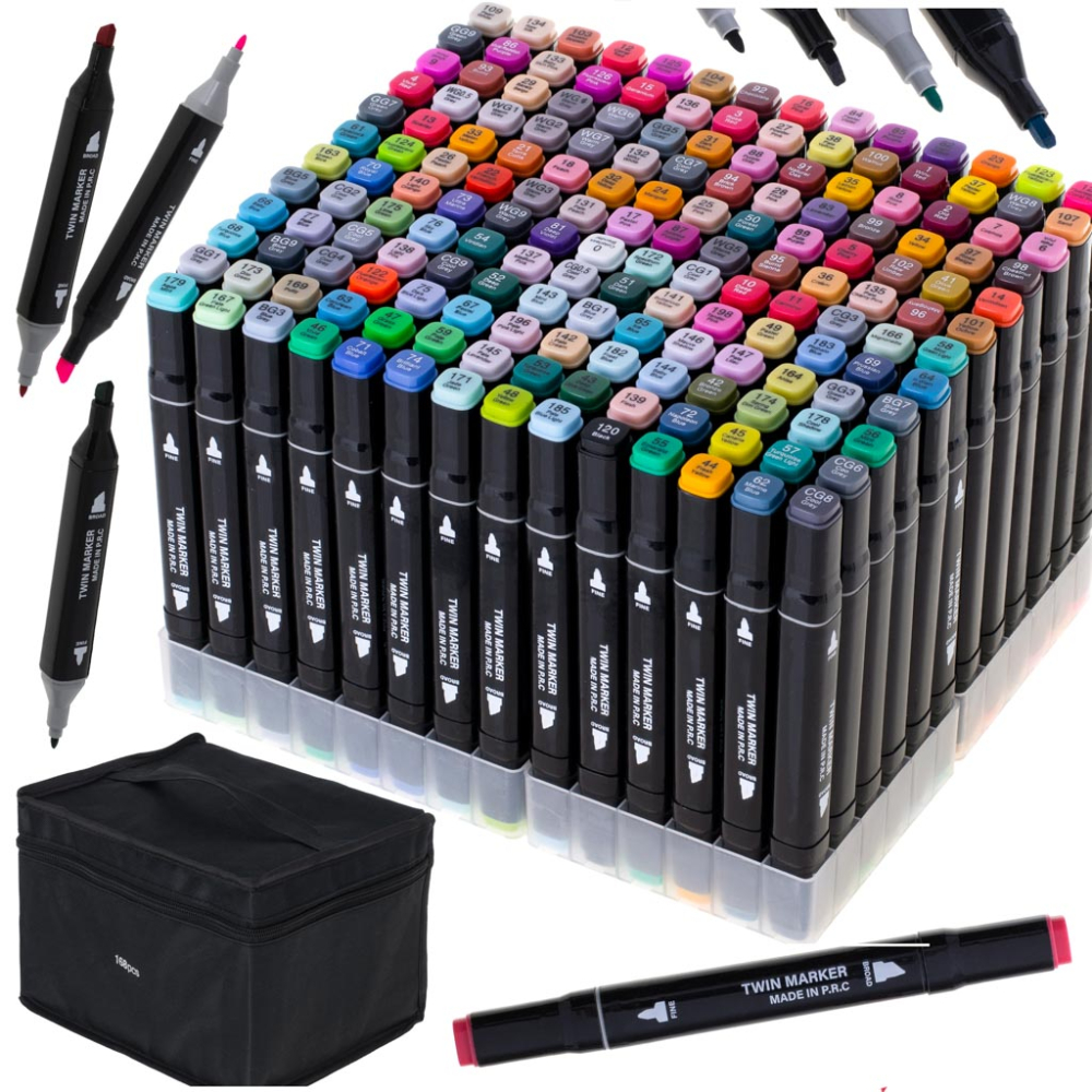 Set 168 markere multicolore cu doua capete, varf fin si lat, suport organizator, geanta de transport [5]