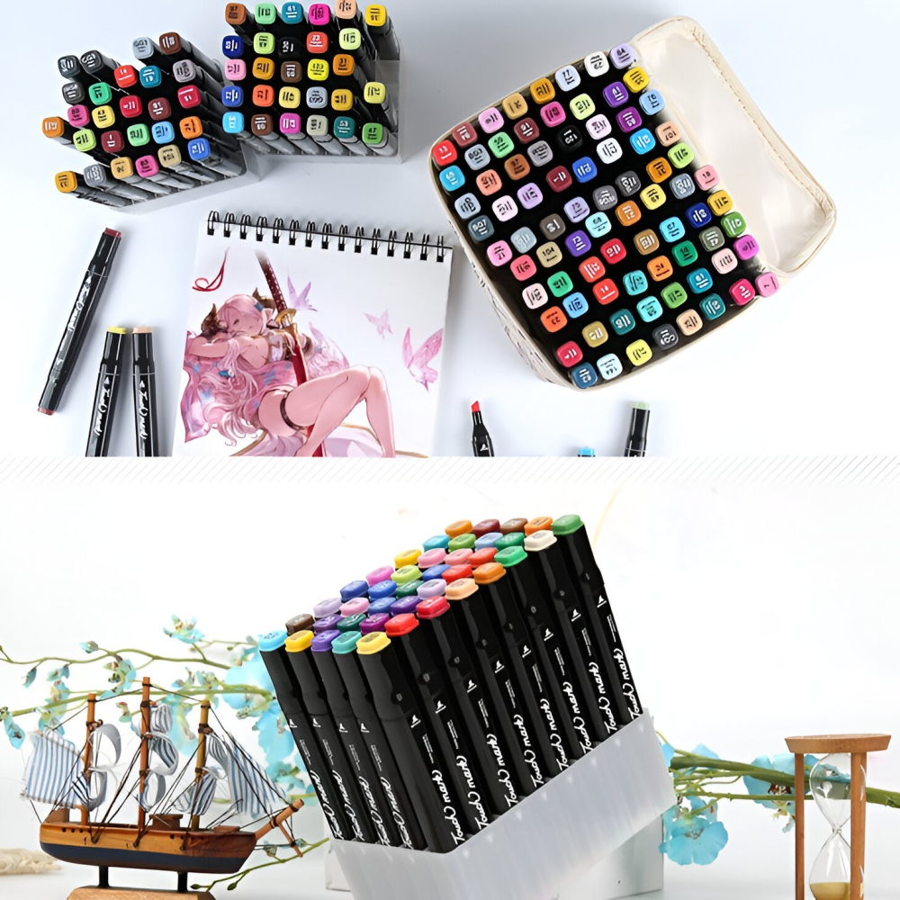Set 168 markere multicolore cu doua capete, varf fin si lat, suport organizator, geanta de transport [7]