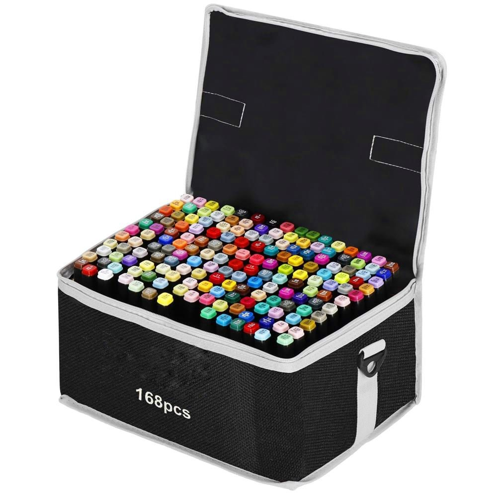 Set 168 markere multicolore cu doua capete, varf fin si lat, suport organizator, geanta de transport [1]