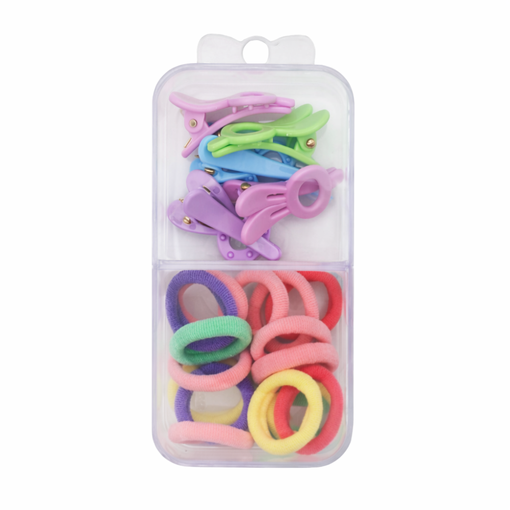 Set 18 elastice par 1.5 cm si 5 cleme 3 cm model iepuras, cutie organizator transparenta, multicolor [2]