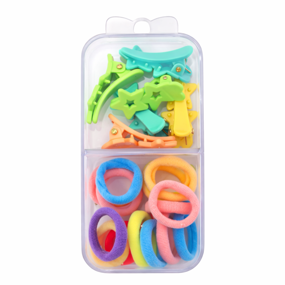 Set 18 elastice par 1.5 cm si 5 cleme mini model steluta, cutie organizator transparenta, multicolor [3]