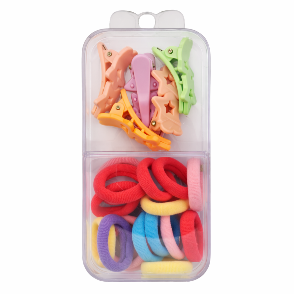 Set 18 elastice par 1.5 cm si 5 cleme mini model steluta, cutie organizator transparenta, multicolor [1]