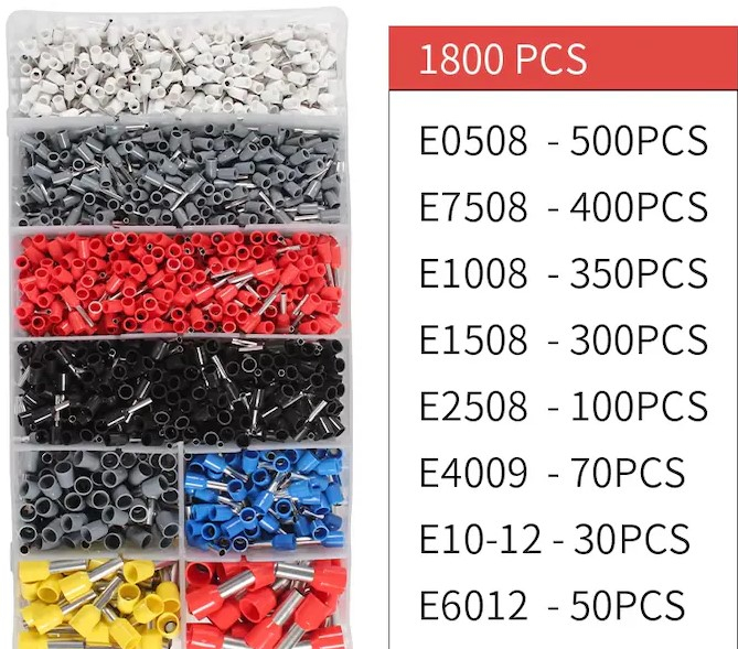 Set 1800 pini terminali electrici izolati, 0.5-10 mm², 8 dimensiuni, ferule sertizare cabluri, multicolor, cutie organizatoare [2]