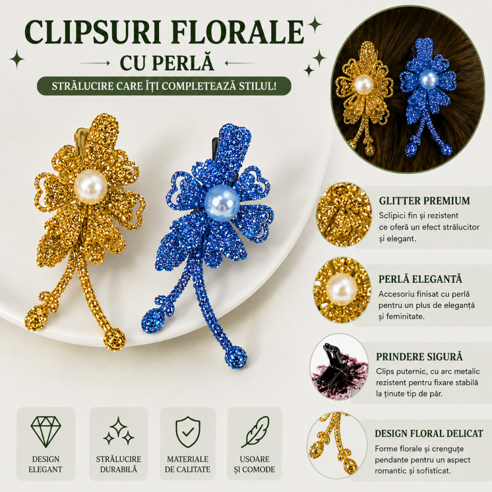 Set 2 agrafe de par aurie si bleu 5 x 2 cm, model floral metalizat, accesorii moderne pentru coafuri elegante [4]