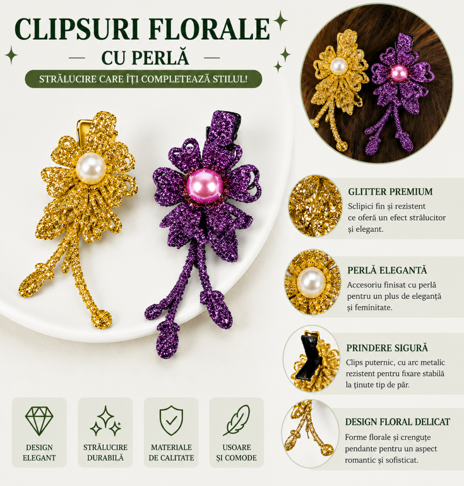 Set 2 agrafe de par aurie si mov 5 x 2 cm, model floral metalizat, accesorii decorative pentru par, fixare sigura [4]