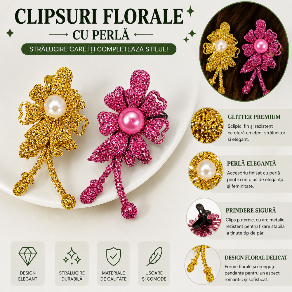 Set 2 agrafe de par aurie si roz 5 x 2 cm, model floral metalizat, accesorii feminine pentru prinderea parului [4]