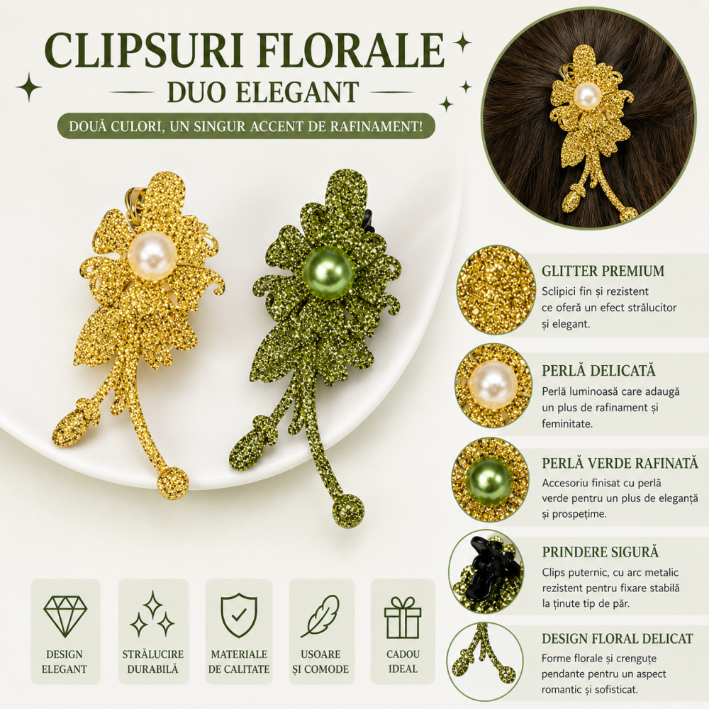 Set 2 agrafe de par aurie si verde 5 x 2 cm, model floral metalizat, accesorii elegante pentru coafuri, prindere rezistenta [4]