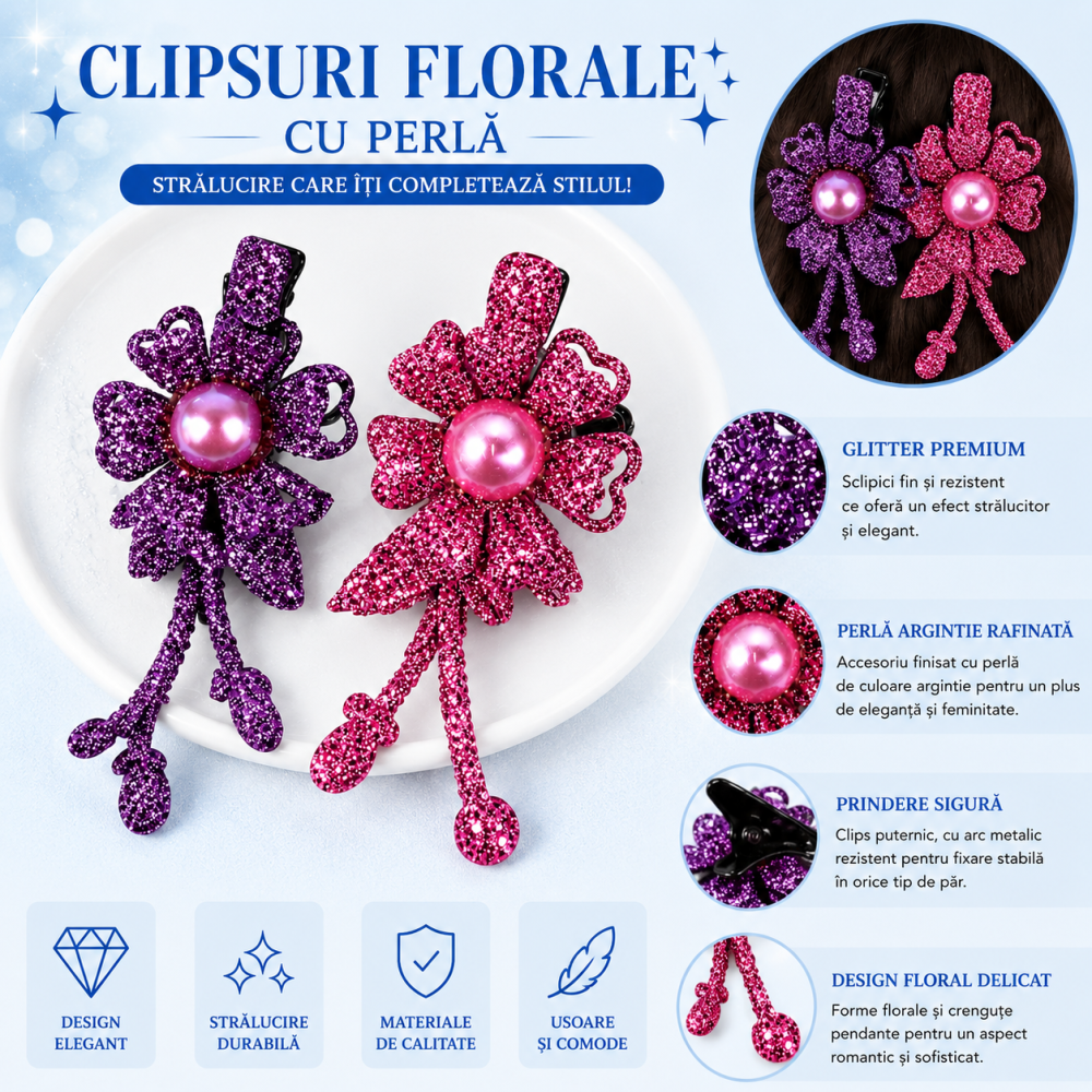 Set 2 agrafe de par mov si roz 5 x 2 cm, model floral metalizat, accesorii decorative pentru orice coafura [4]
