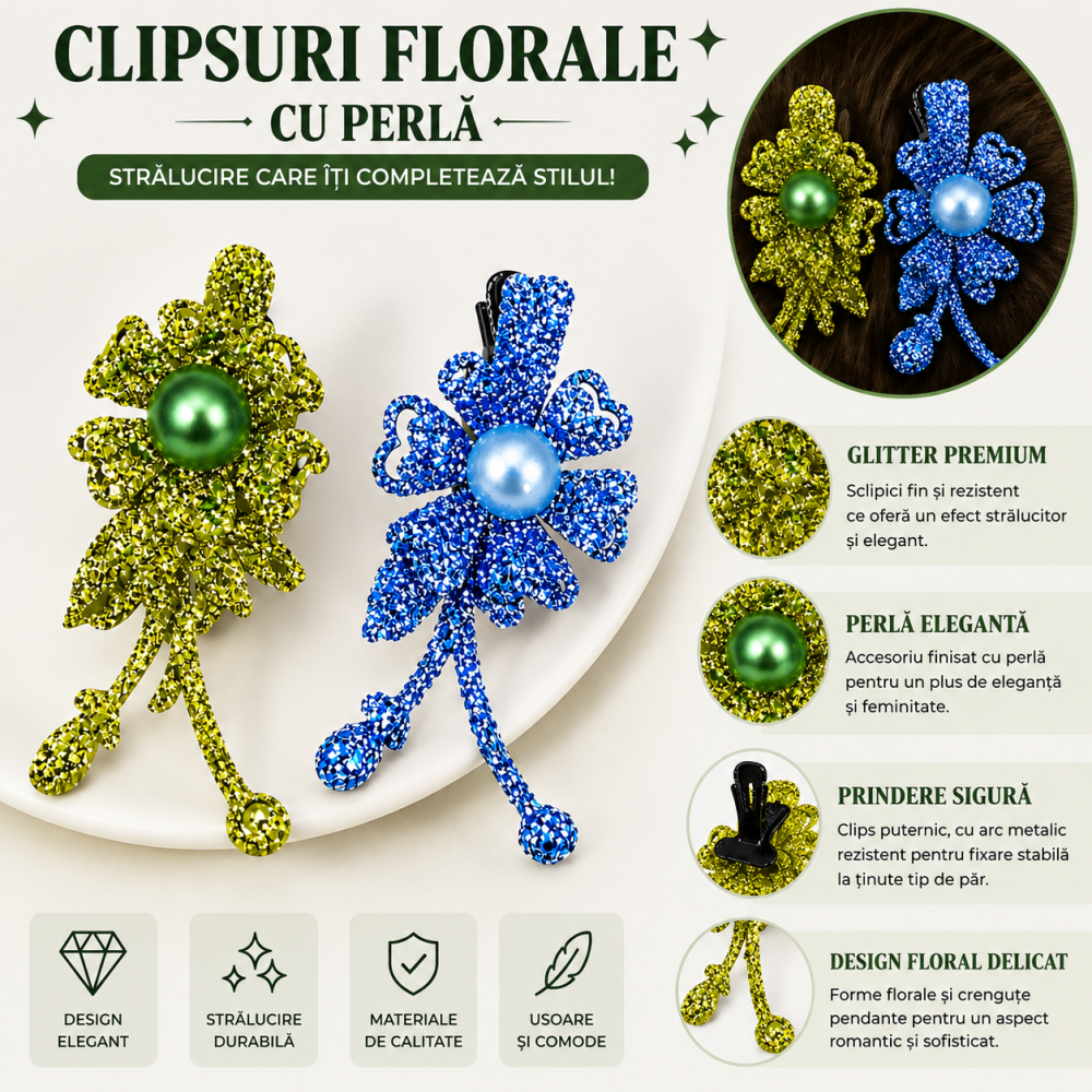 Set 2 agrafe de par verde si bleu 5 x 2 cm, model floral metalizat, accesorii pentru coafuri, fixare confortabila [4]