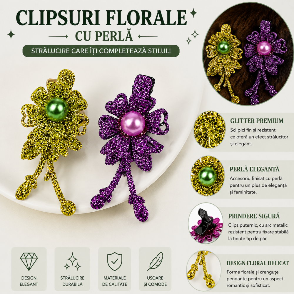 Set 2 agrafe de par verde si mov 5 x 2 cm, model floral metalizat, accesorii elegante cu design floral [4]