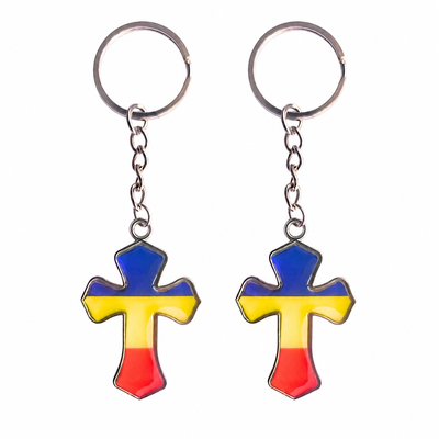 Set 2 brelocuri argintii 10,3 cm cu cruce tricolor 2,1 x 3,4 cm, accesorii port chei din otel inoxidabil Romania pentru femei si barbati, cadou crestin [2]